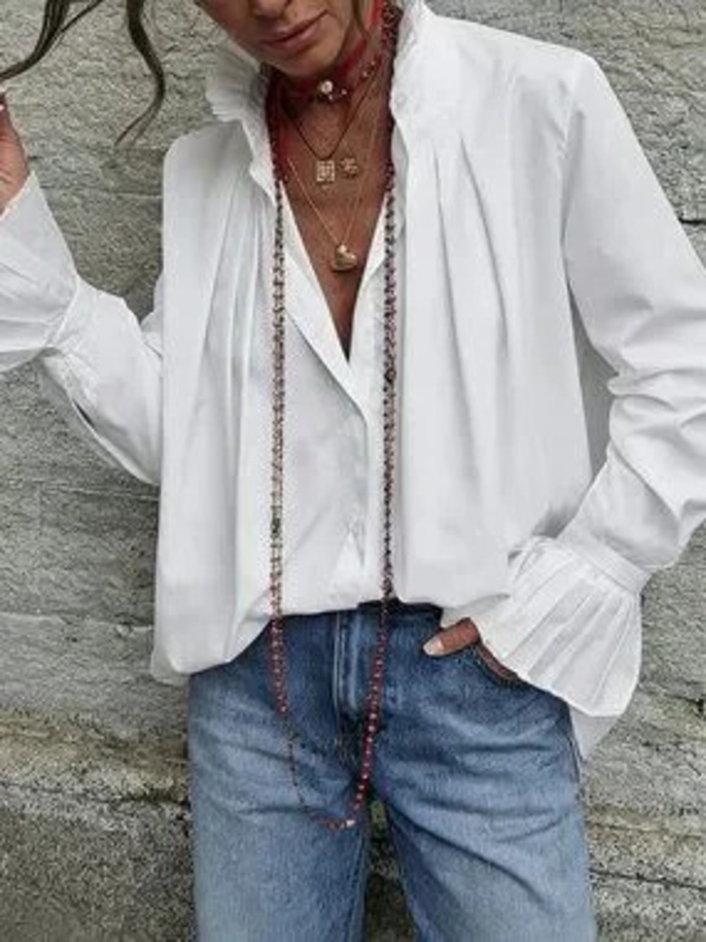 White Casual Women's Stand Collar Flared Ruffle Button Loose Pleated Shirt Top